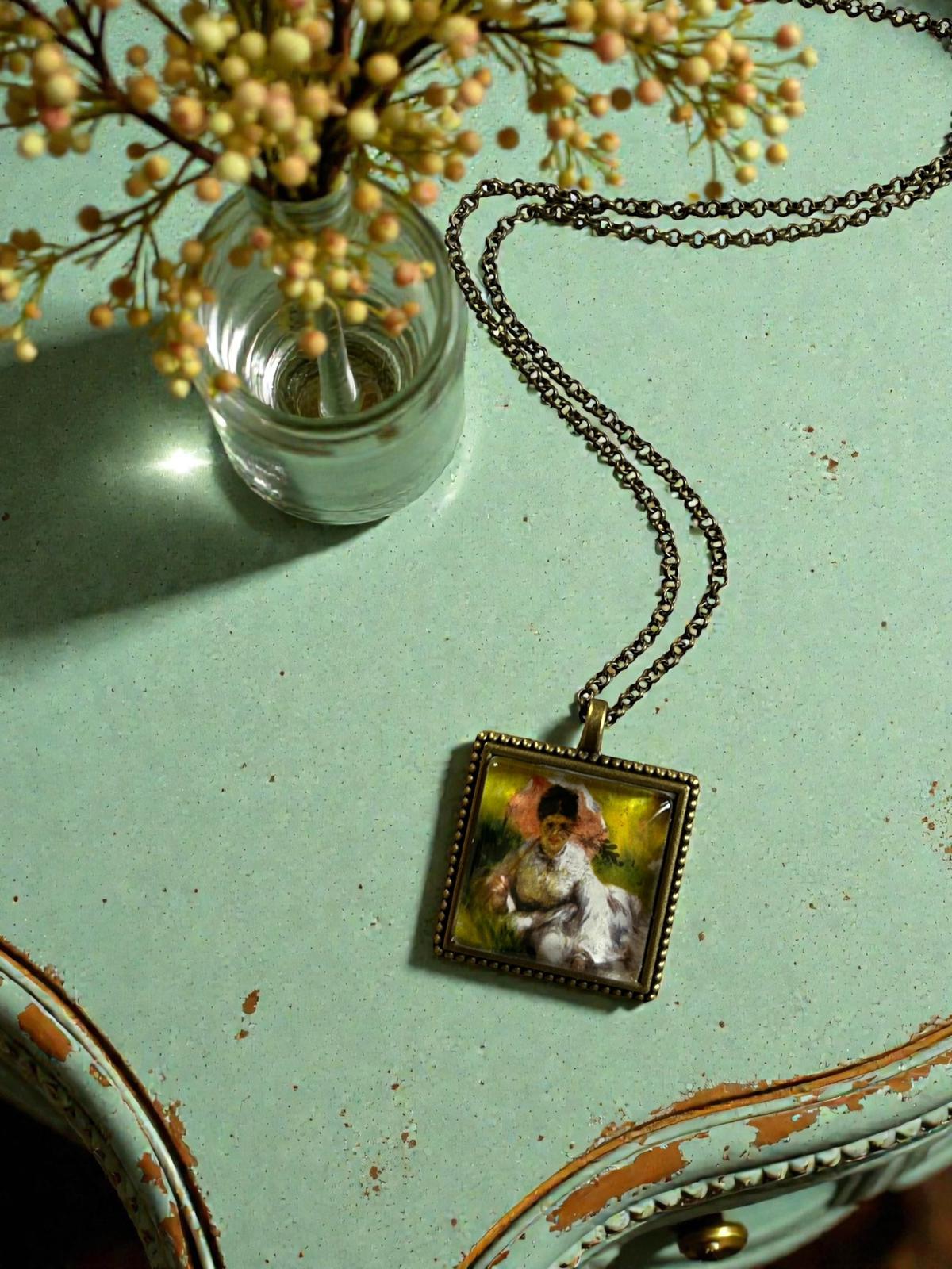 Collana con francobollo vintage Renoir - Femme à l'ombrelle et enfant