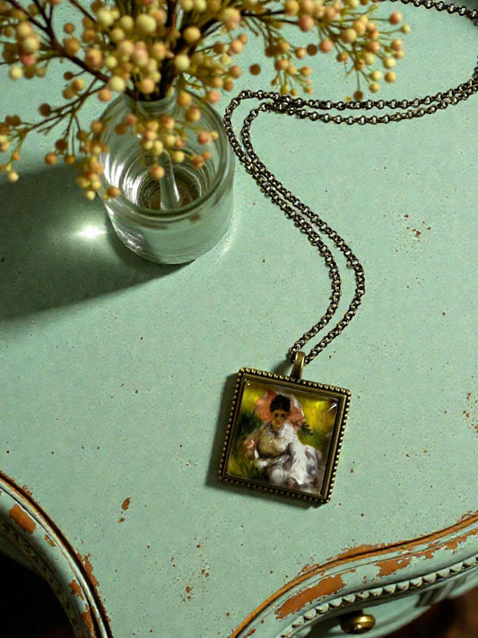 Collana con francobollo vintage Renoir - Femme à l'ombrelle et enfant