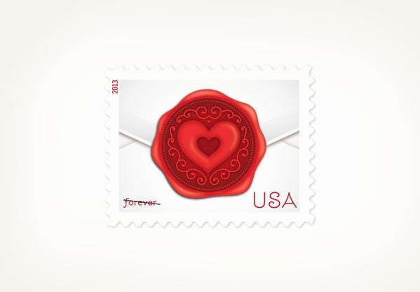 Francobollo americano del 2013 con sigillo di ceralacca a forma di cuore, usato nel ciondolo