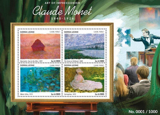 Francobollo della Sierra Leone del 2015 con La Primavera di Monet: Camille Doncieux che legge sotto i lillà