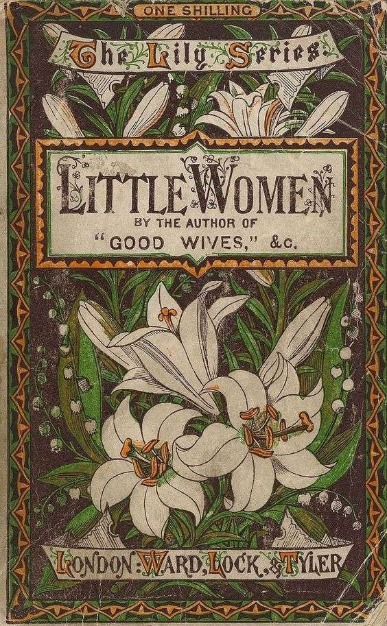 Copertina vintage di Piccole Donne (Little Women) di Louisa May Alcott, gigli bianchi su fondo scuro, artigianato, Italia