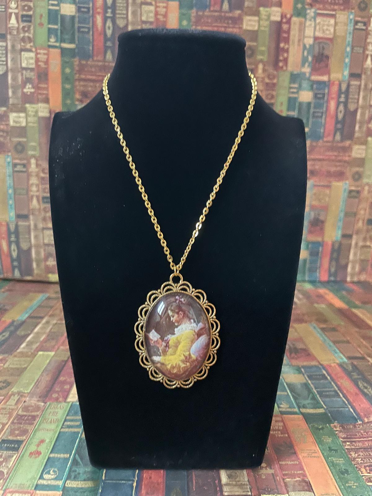 Collana Vintage "La Lettrice" Fragonard - Gioiello Artistico Oro con Immagine d'Epoca - Lady Nostalgia