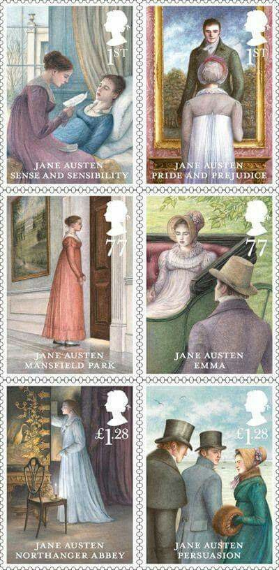 Le collane Jane Austen di Lady Nostalgia, create con i francobolli Royal Mail del 2013 dedicati ai sei romanzi, in montature rettangolari di metallo scuro.