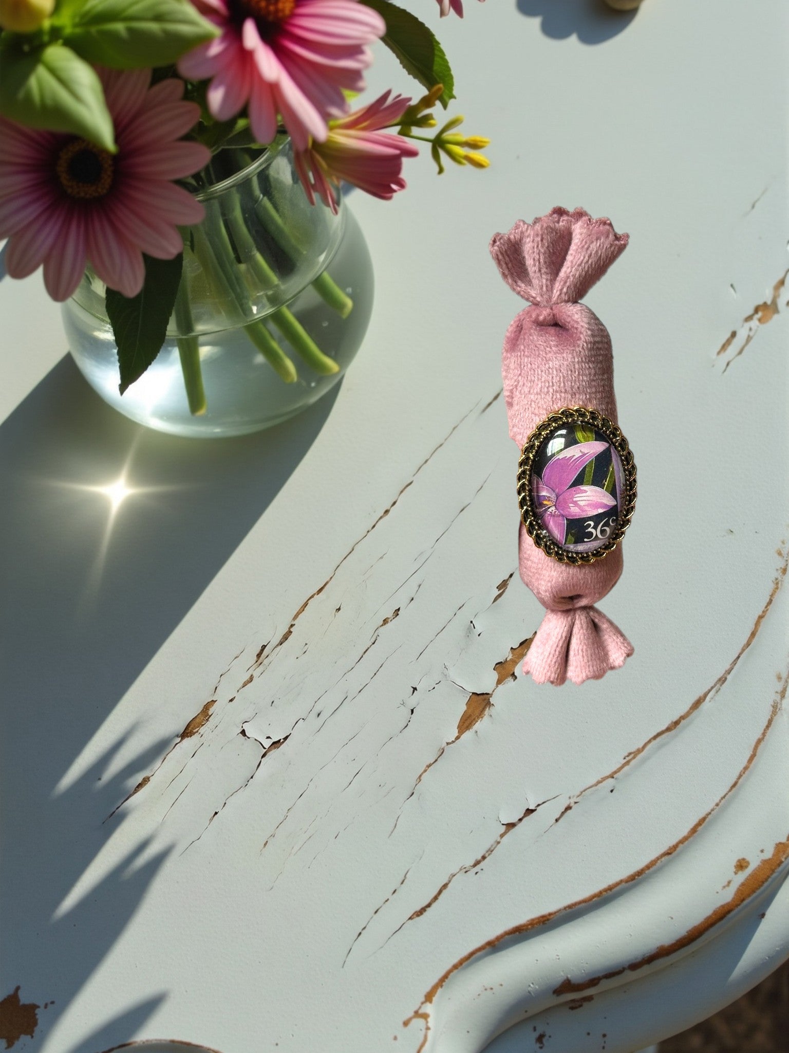 Anello artigianale con orchidea viola da francobollo, montatura ovale color oro, realizzato in Italia