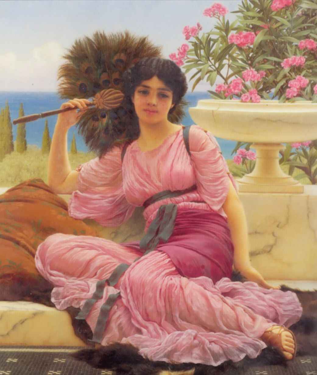 Ciondolo ovale artigianale italiano con Flabellifera di Godward, la donna col ventaglio, su catena argentata