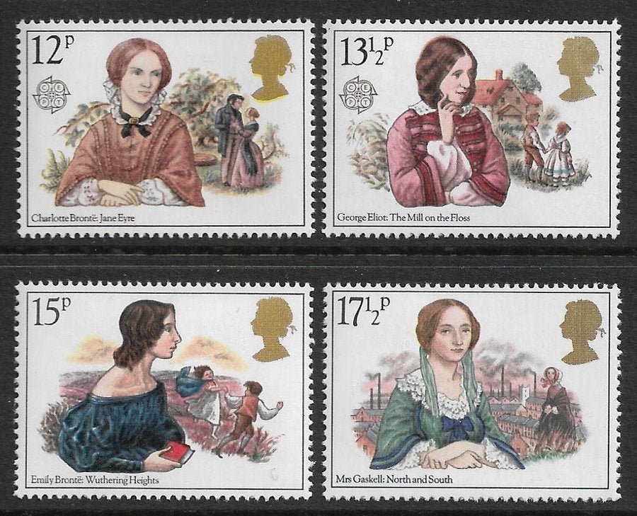 Francobollo inglese del 1980 dedicato a Elizabeth Gaskell e a Nord e Sud, con città industriale e ciminiere