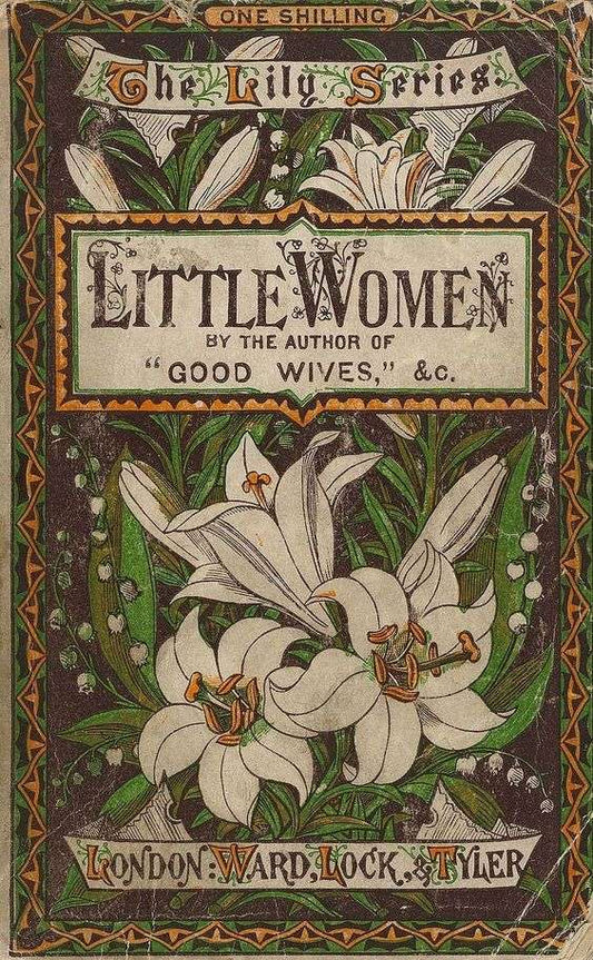 Copertina vintage di Piccole Donne (Little Women) di Louisa May Alcott, gigli bianchi su fondo scuro