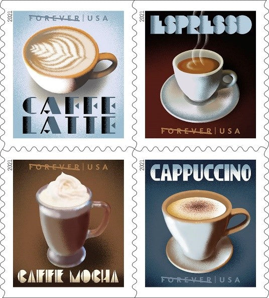Francobolli americani dedicati al caffè: cappuccino, espresso, caffè latte e caffè mocha