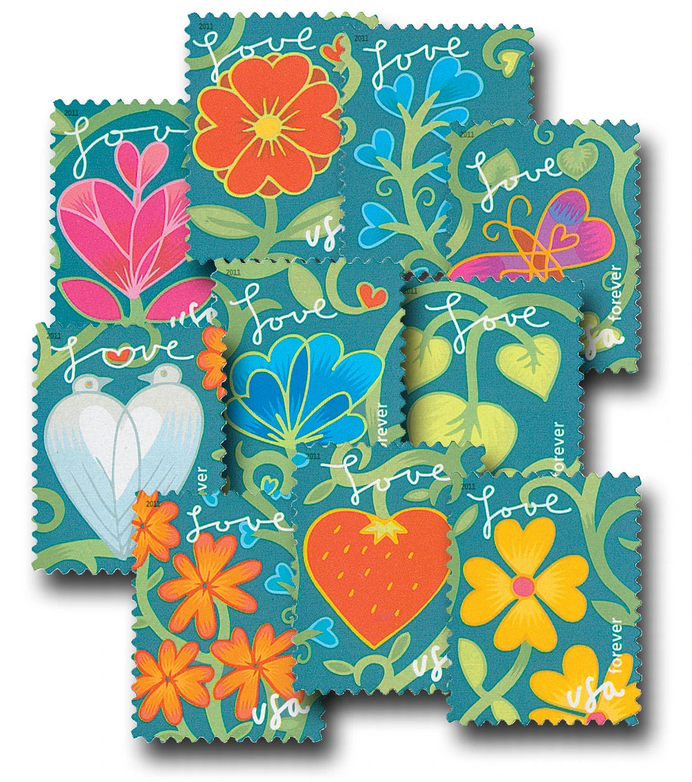 Francobolli americani dell'amore con cuori, fiori, colombe e una fragola a forma di cuore