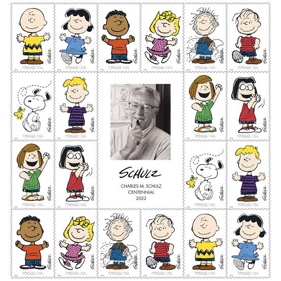 Francobolli americani con Snoopy, Charlie Brown, Lucy, Linus, Sally e i Peanuts di Schulz