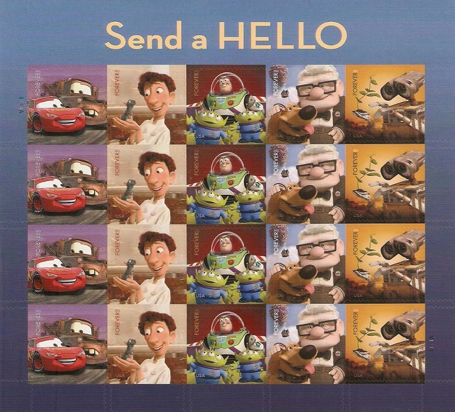Francobolli americani Disney Pixar con Cars, Ratatouille, Toy Story, Up e WALL·E