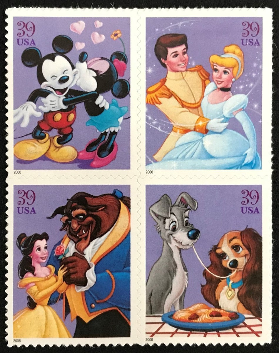 Francobolli americani Disney con Topolino e Minnie, Cenerentola, La Bella e la Bestia e Lilli e il Vagabondo