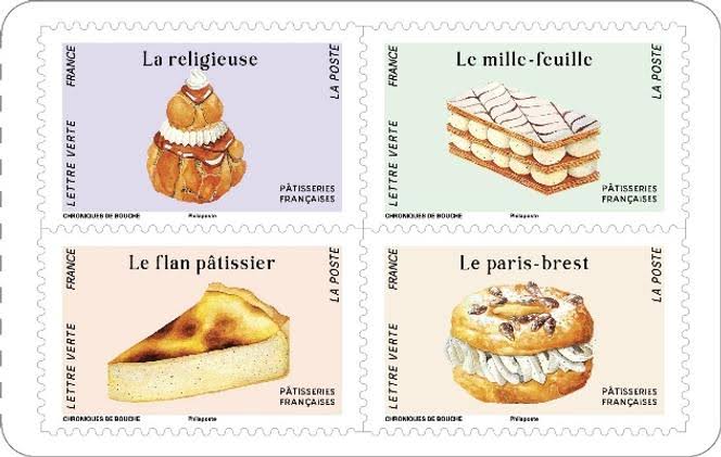 Francobolli francesi dedicati ai dolci della pasticceria francese, quattro specialità