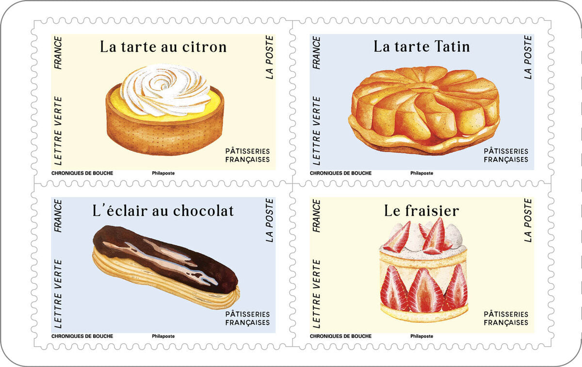 Francobolli francesi con altri quattro dolci classici della pasticceria francese