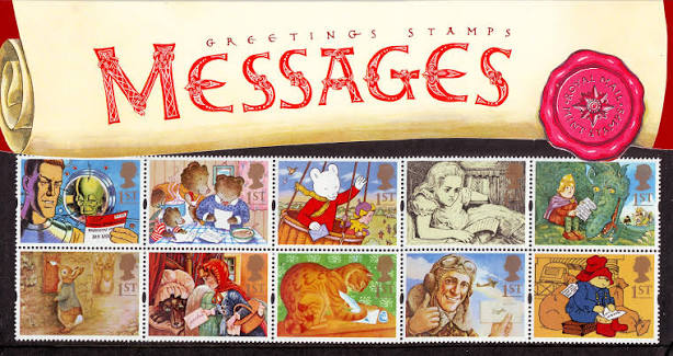 Francobolli inglesi con Paddington, Peter Rabbit, Alice, Cappuccetto Rosso e i tre orsi