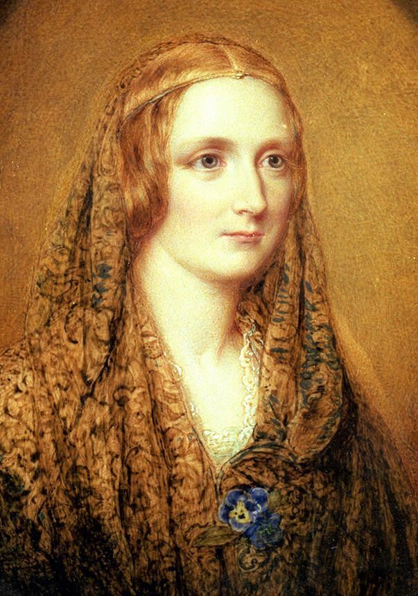 Ritratto a miniatura di Mary Shelley dipinto da Reginald Easton, velo sul capo e viola del pensiero
