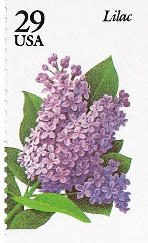 Francobollo americano del 1993 con un ramo di lillà viola, serie Garden Flowers delle poste USA